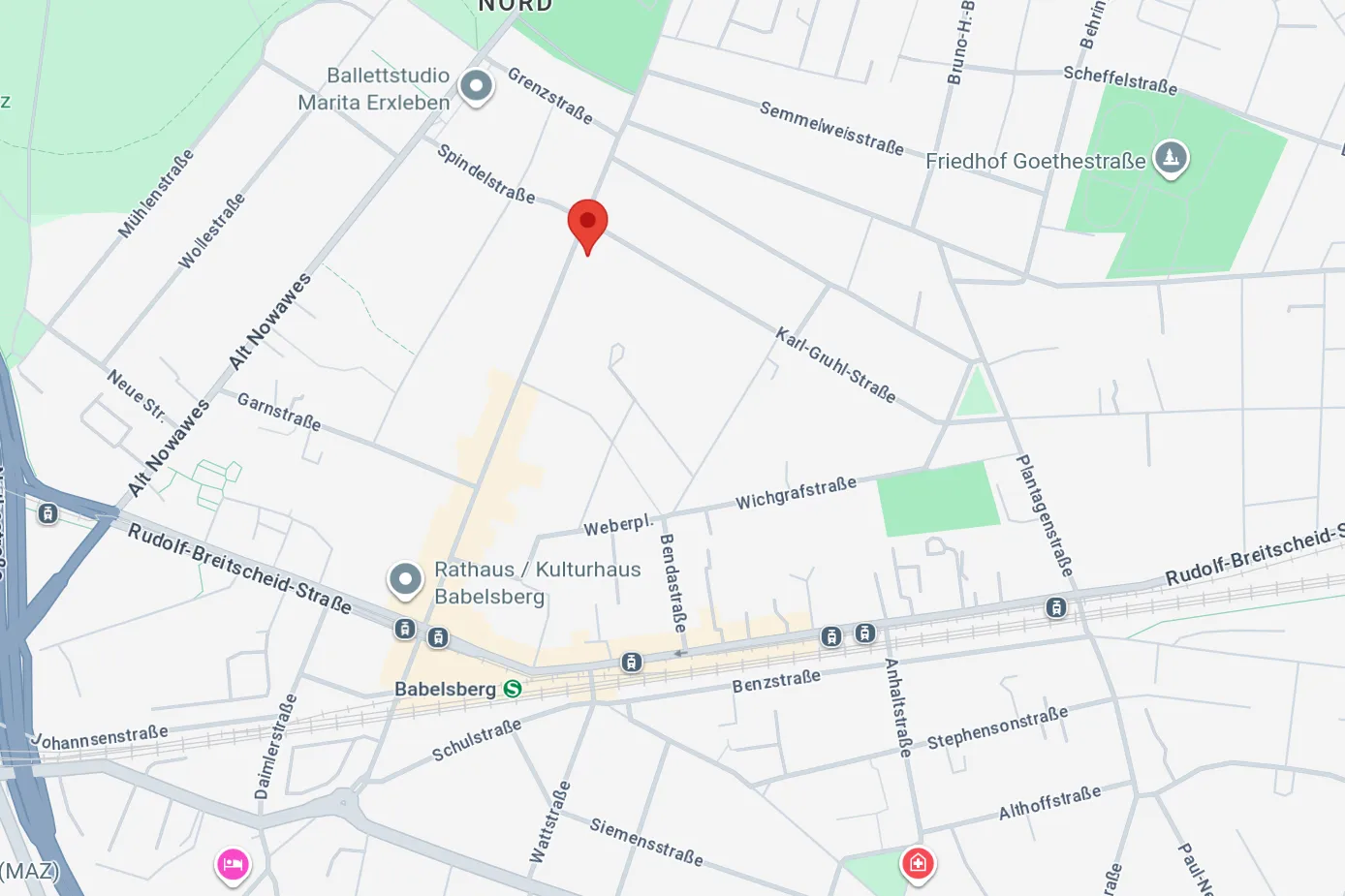 Bild einer Karte von Potsdam auf der der Standort der Praxis markiert ist.